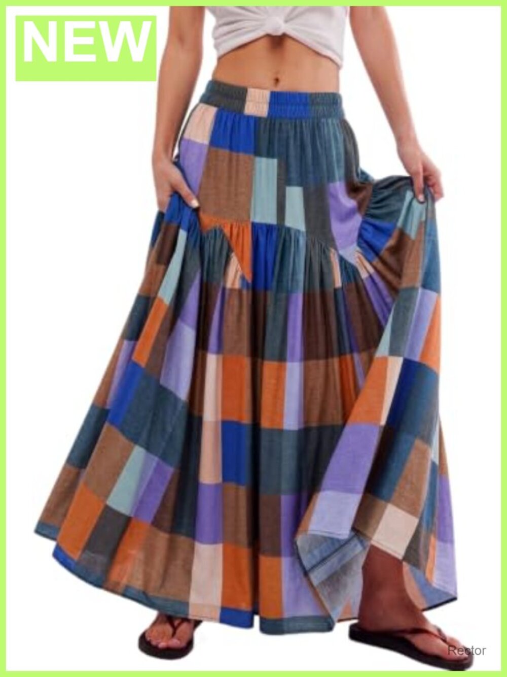 Boho Ruched High Waist Plaid Tiered A-Line Floor Length Maxi Skirt